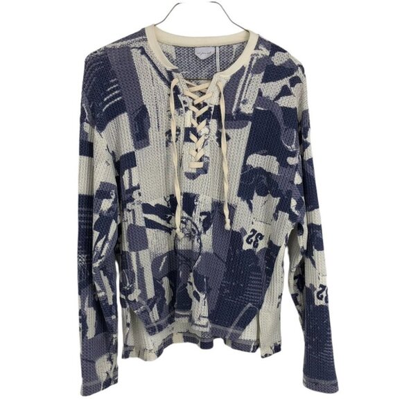 Urban Outfitters Out From Under  Blue & White Lace-Up Knit Henley Top size S - Picture 2 of 13